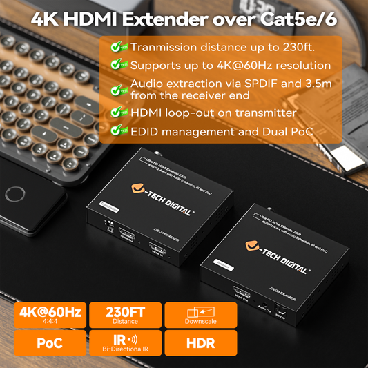 4K 60Hz HDMI Extender Balun Over Ethernet (230ft.) w/ Audio Extraction, PoC, IR