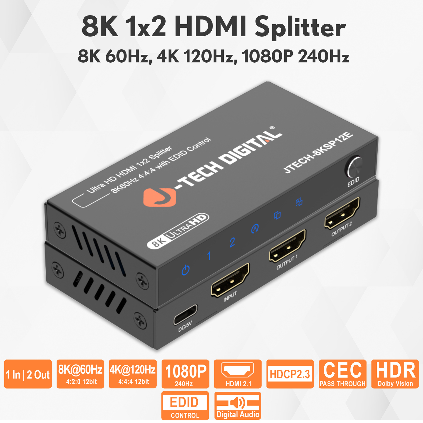 8K 60Hz 1x2 HDMI Splitter with Downscaling and EDID Control
