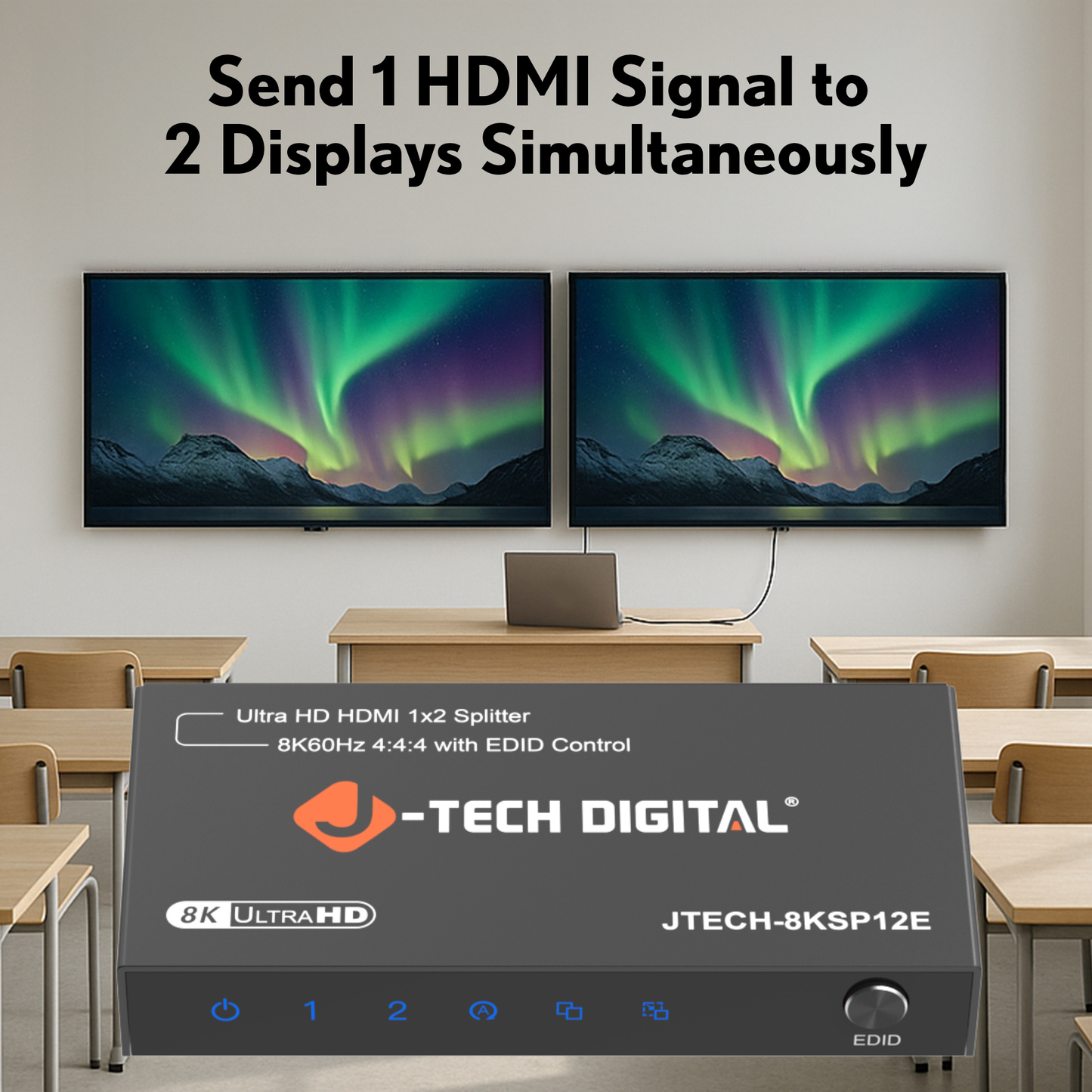 8K 60Hz 1x2 HDMI Splitter with Downscaling and EDID Control