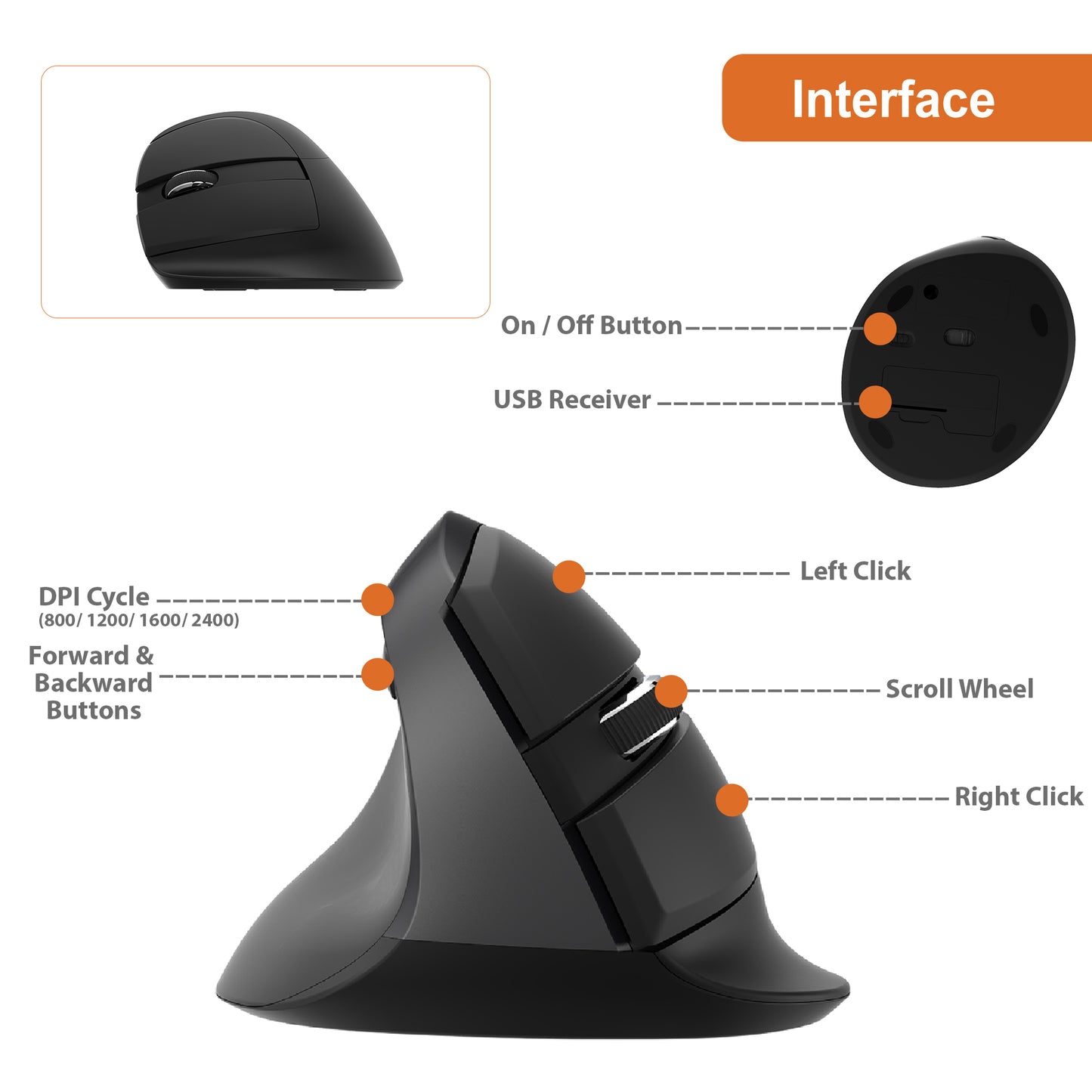 Left Hand Wireless Vertical Ergonomic Mouse with USB | 4 DPI Settings