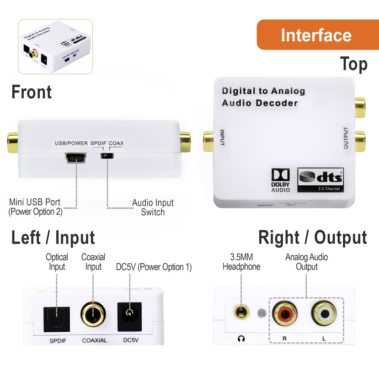 Optical SPDIF Toslink/Coaxial Digital to Analog Audio Decoder Converter Compatible with Dolby Digital, PCM, and DTS