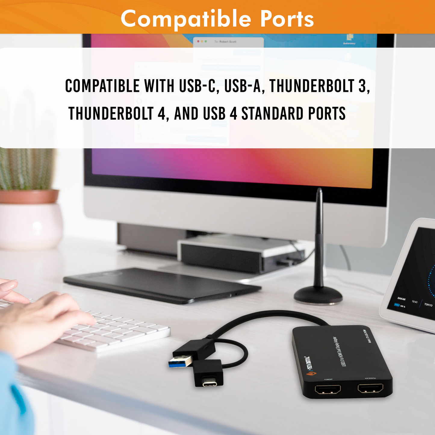 USB Type A/C to Dual HDMI 4K 30Hz & 1080P 60Hz Display Adapter