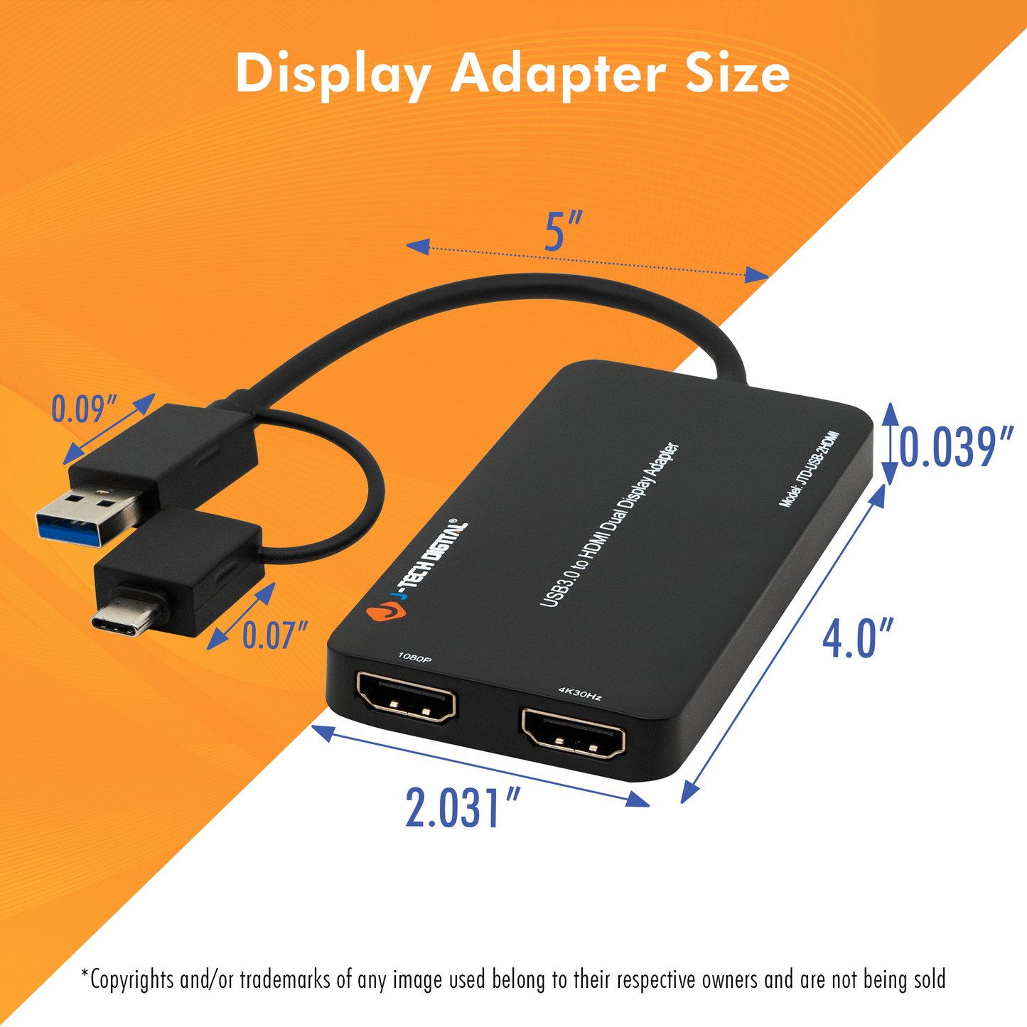 USB Type A/C to Dual HDMI 4K 30Hz & 1080P 60Hz Display Adapter