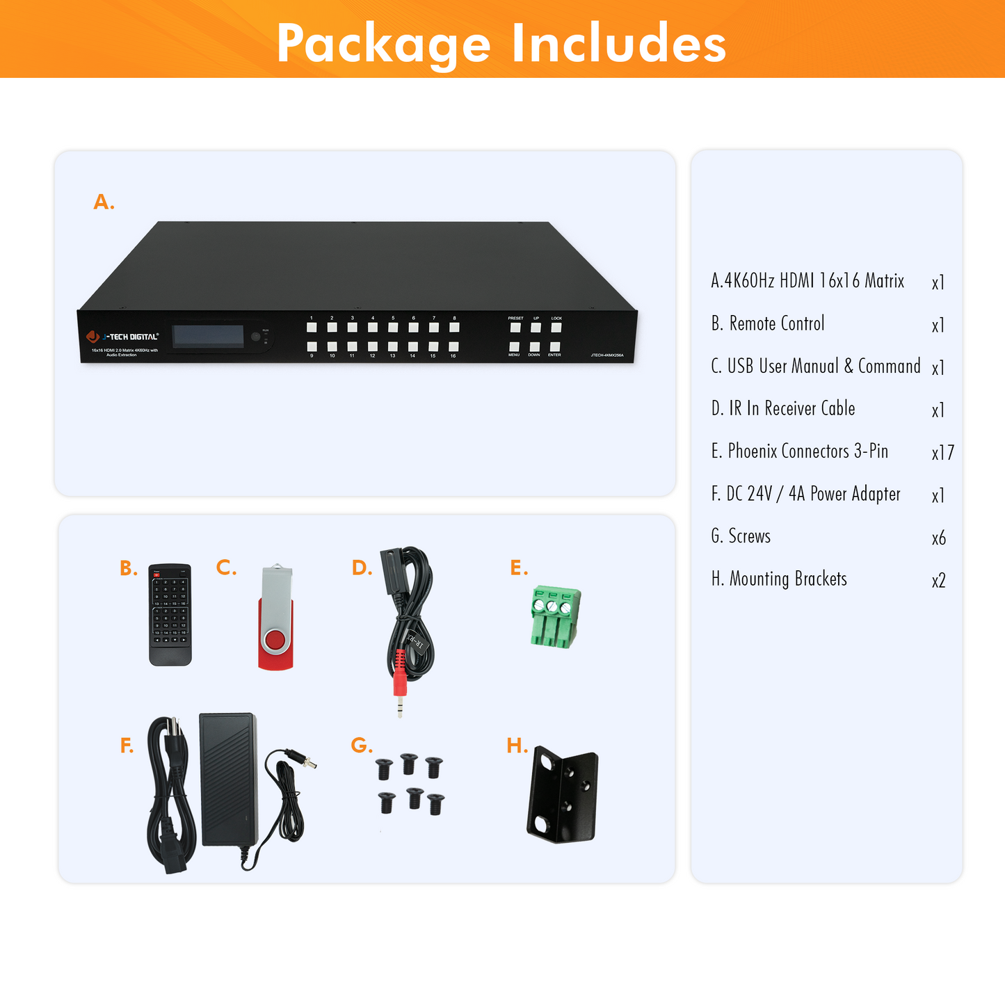 16×16 4K 60HZ HDMI Matrix w/ HDR & Dolby Vision, Downscale, Analog Audio Matrix