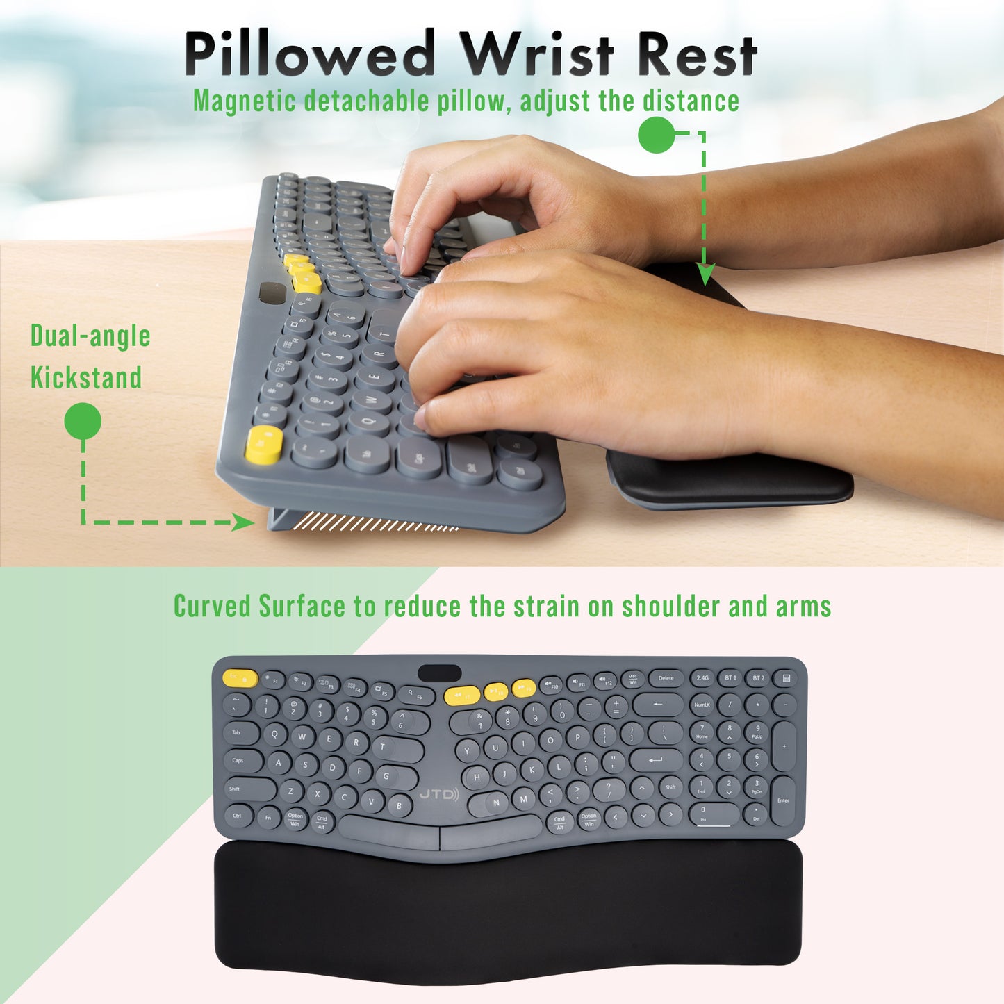 Wireless Ergonomic Split Keyboard w/ Display Screen, Rechargeable Battery, Removable Wrist Rest | Supports Multi-Device (2.4G+BT1+BT2), 12 Multimedia Keys Compatible with Windows/Mac/iPad