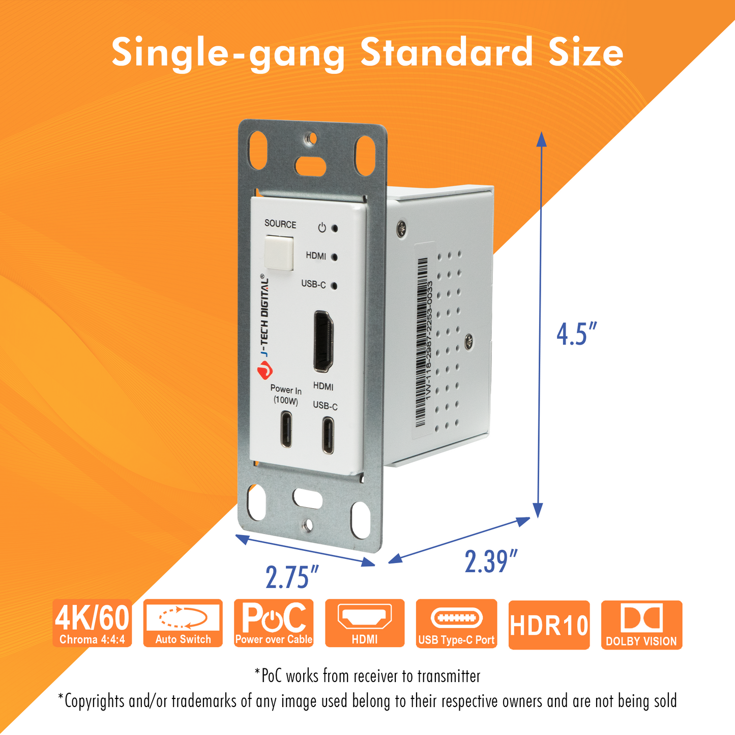 4K60Hz Wall Plate Extender Over Single Cat 5e/6/7 with HDMI/USB-C Inputs, USB-C Charging Port, PoC Feature