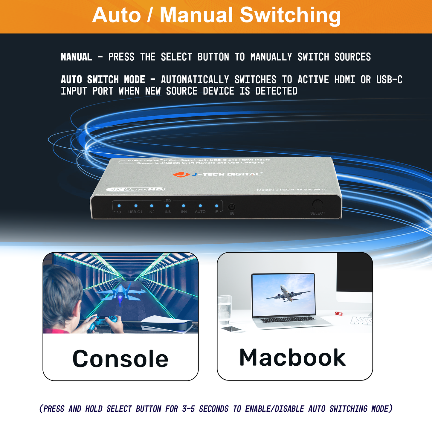 4K 60Hz 4×1 HDMI Switch with 3 HDMI & 1 USB-C Inputs