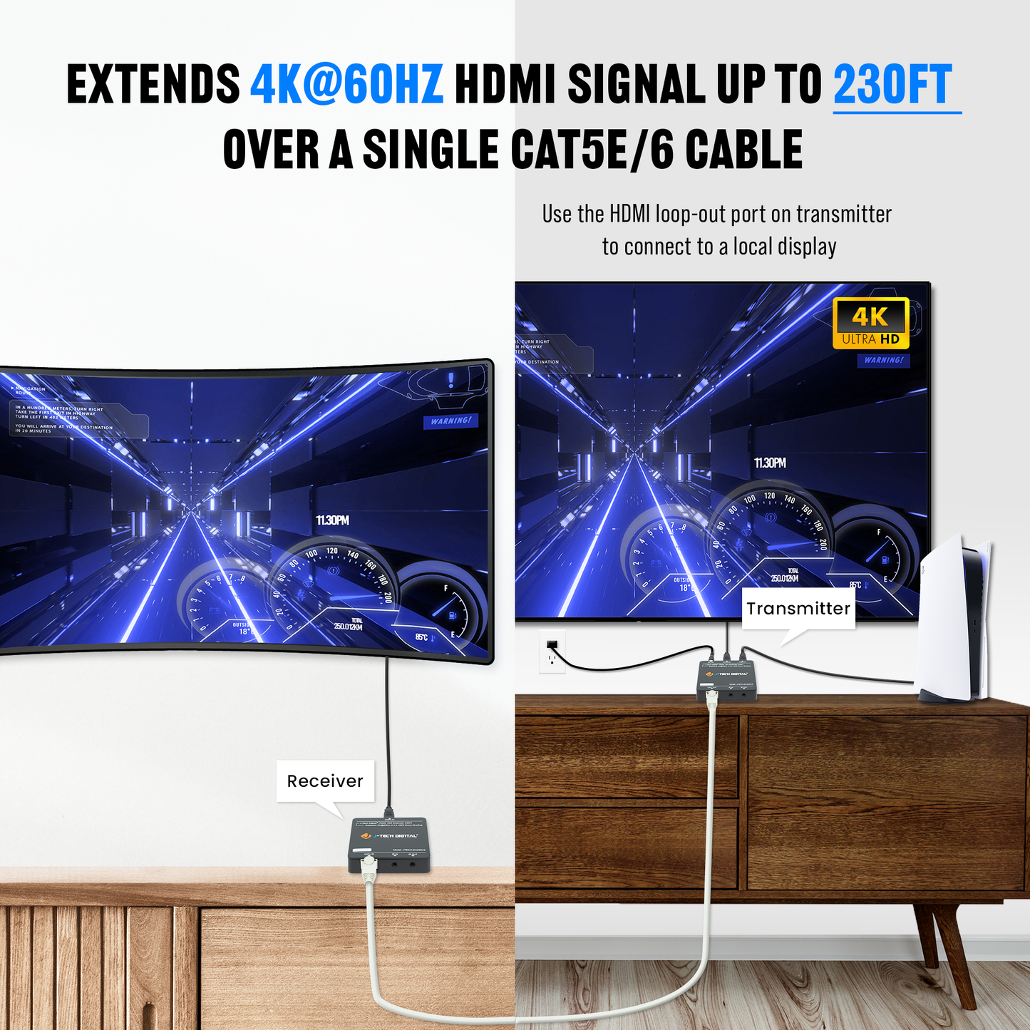 4K 60Hz HDMI Extender Over Ethernet 230ft. w/ 4K Downscaling & PoC