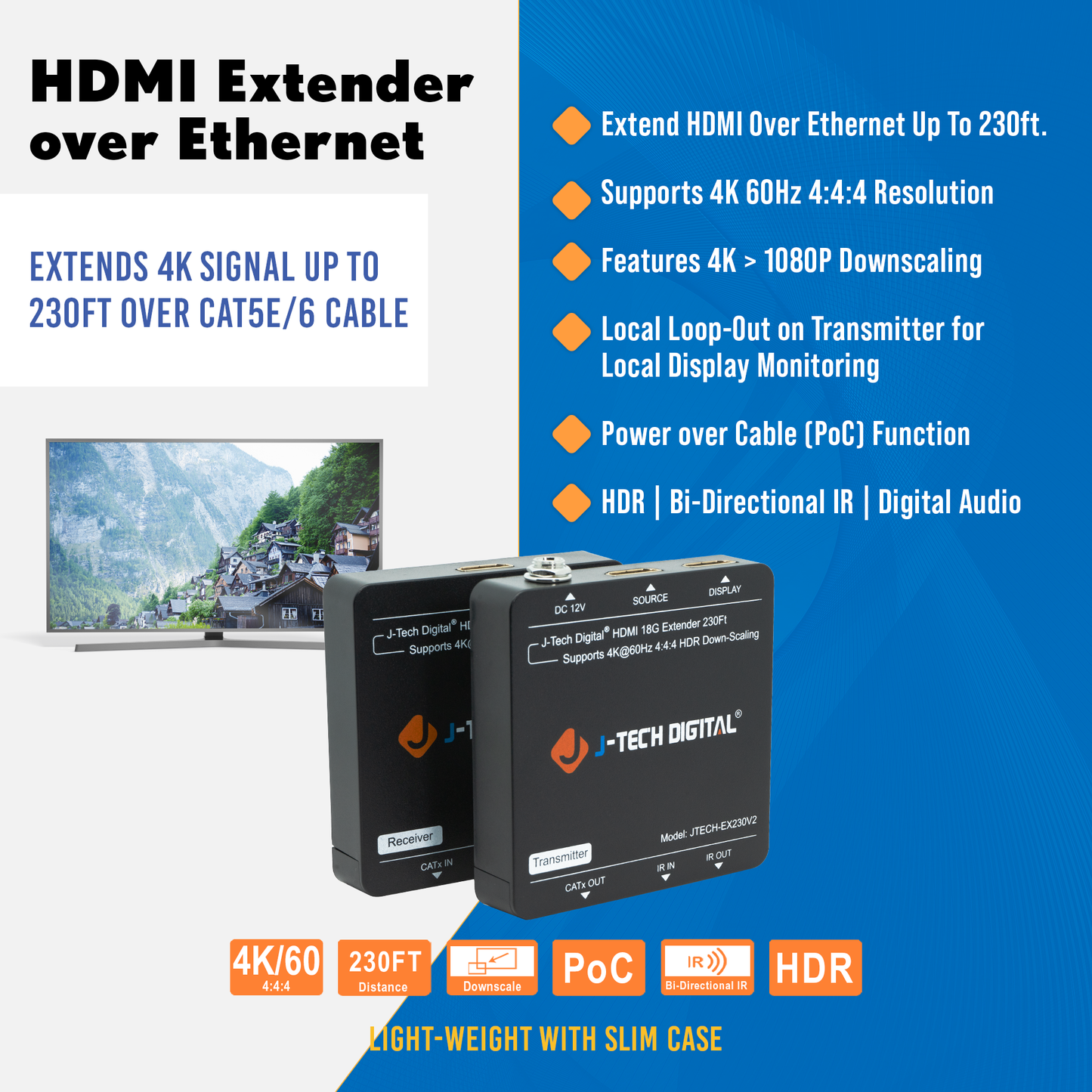 4K 60Hz HDMI Extender Over Ethernet 230ft. w/ 4K Downscaling & PoC