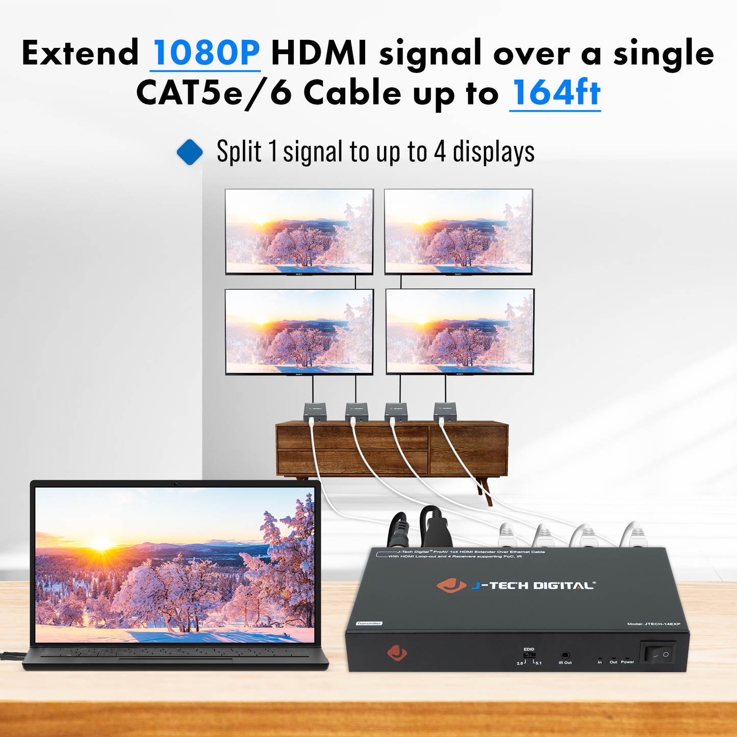 HDMI Extender Splitter 1×4 1080P Over Cat5e/6 (164ft.) w/ PoC