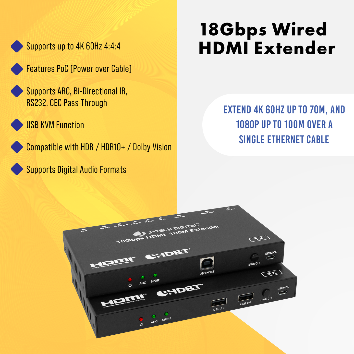 4K 60Hz (70m/230ft.) HDMI KVM Extender w/ ARC, Ethernet, USB