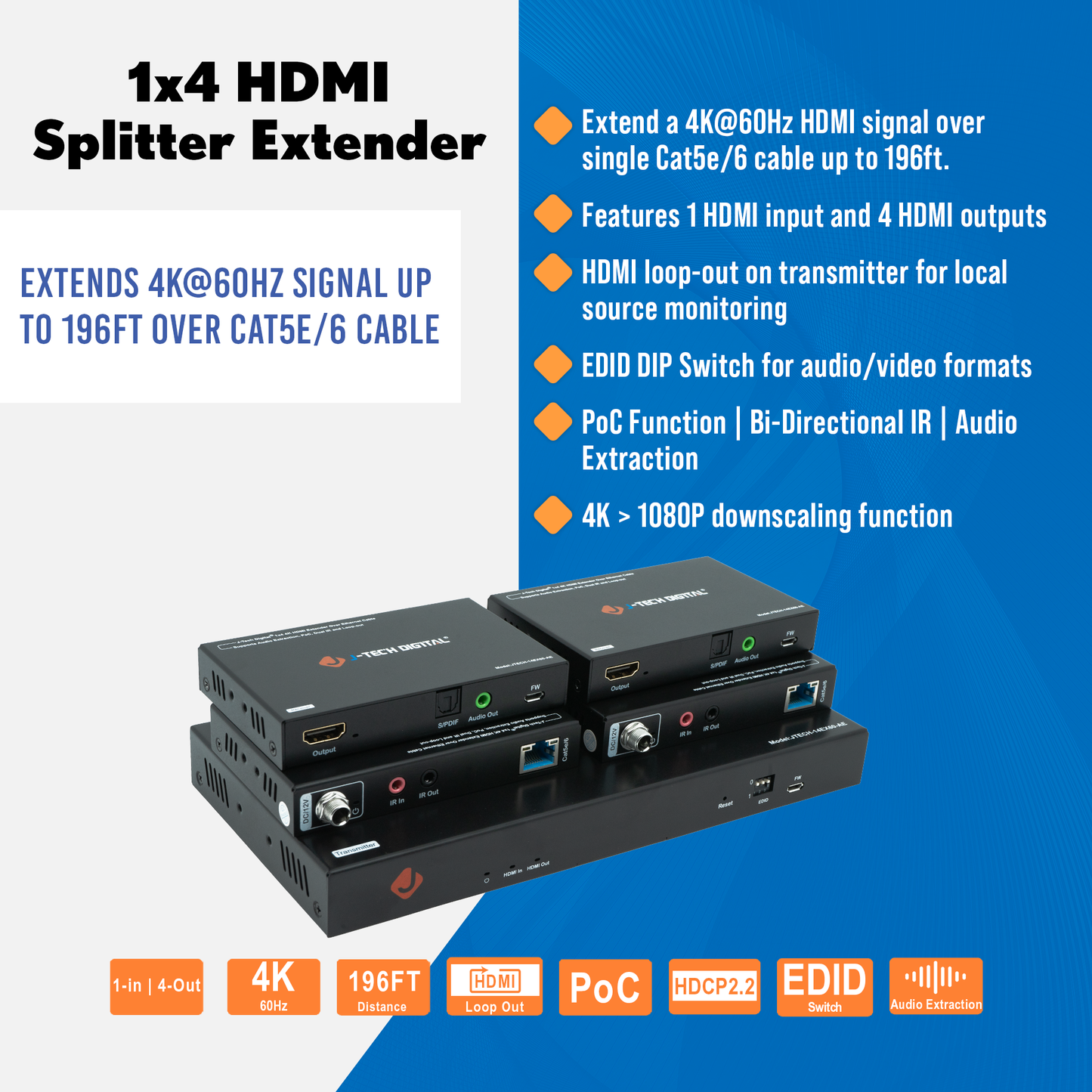 4K 60Hz 1×4 HDMI Extender Splitter w/ Audio Extraction, PoC, 4K Downscale, and EDID