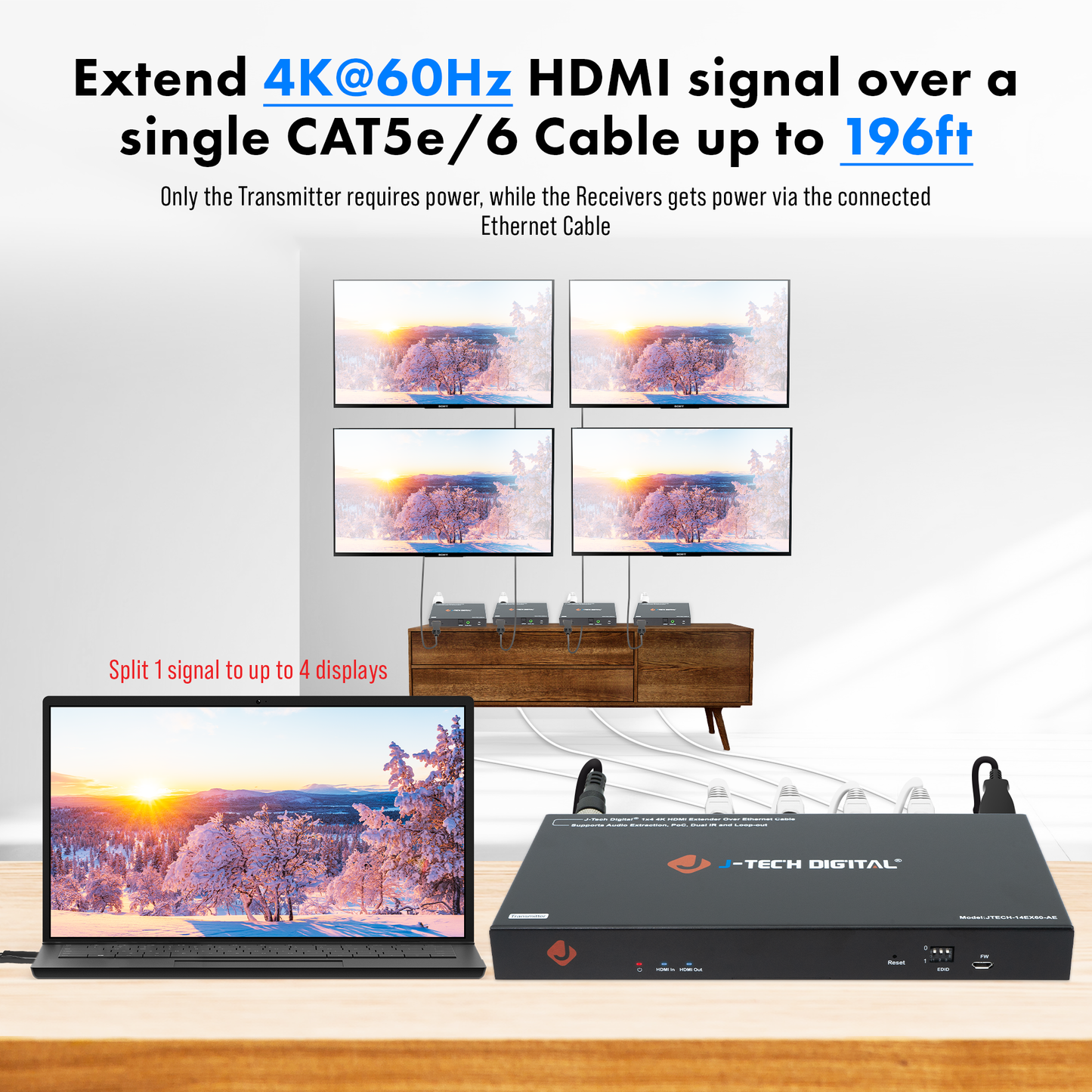 4K 60Hz 1×4 HDMI Extender Splitter w/ Audio Extraction, PoC, 4K Downscale, and EDID