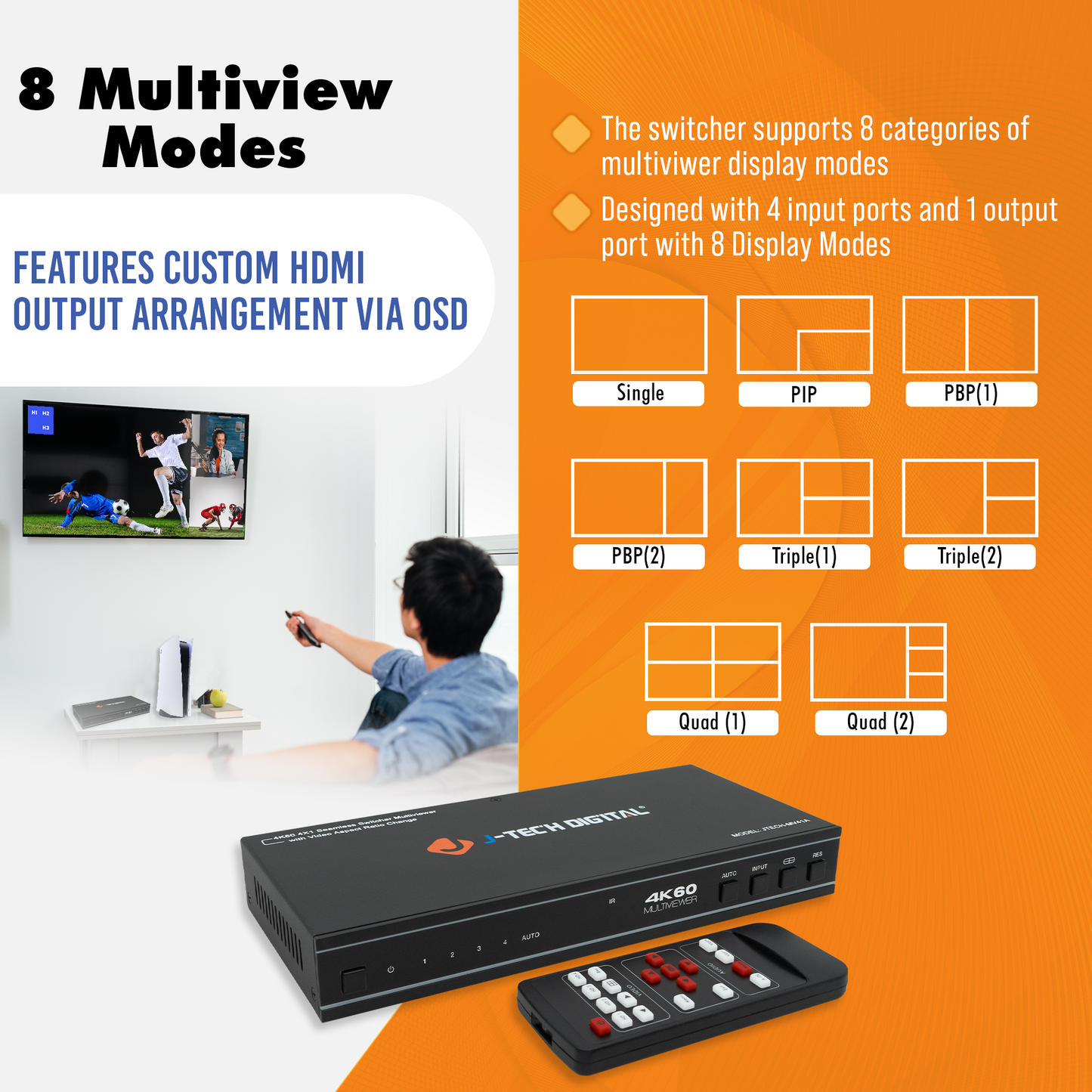 4×1 4K 60Hz Seamless Switcher Multi-viewer with Video Aspect Ratio Change & Audio Extraction