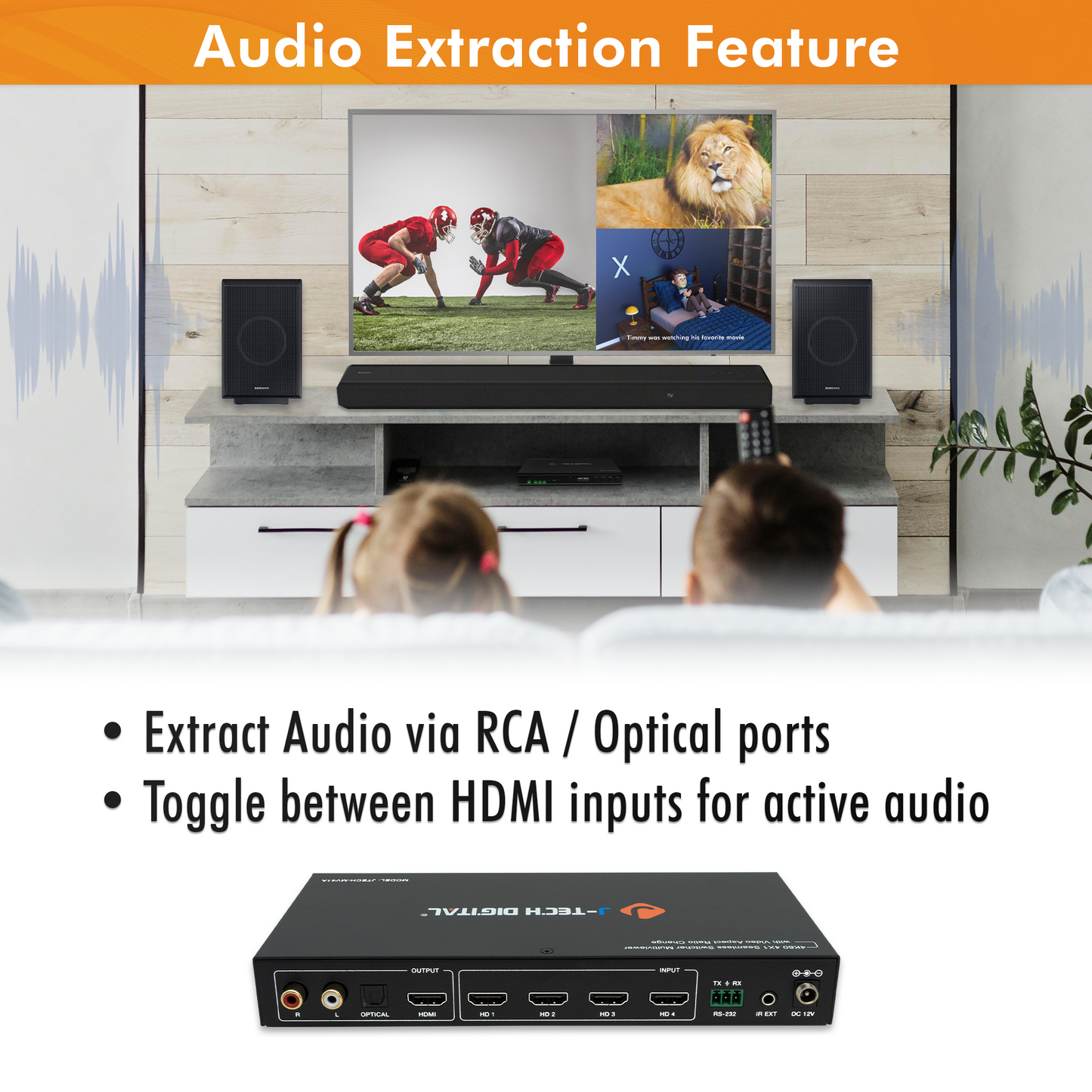 4×1 4K 60Hz Seamless Switcher Multi-viewer with Video Aspect Ratio Change & Audio Extraction