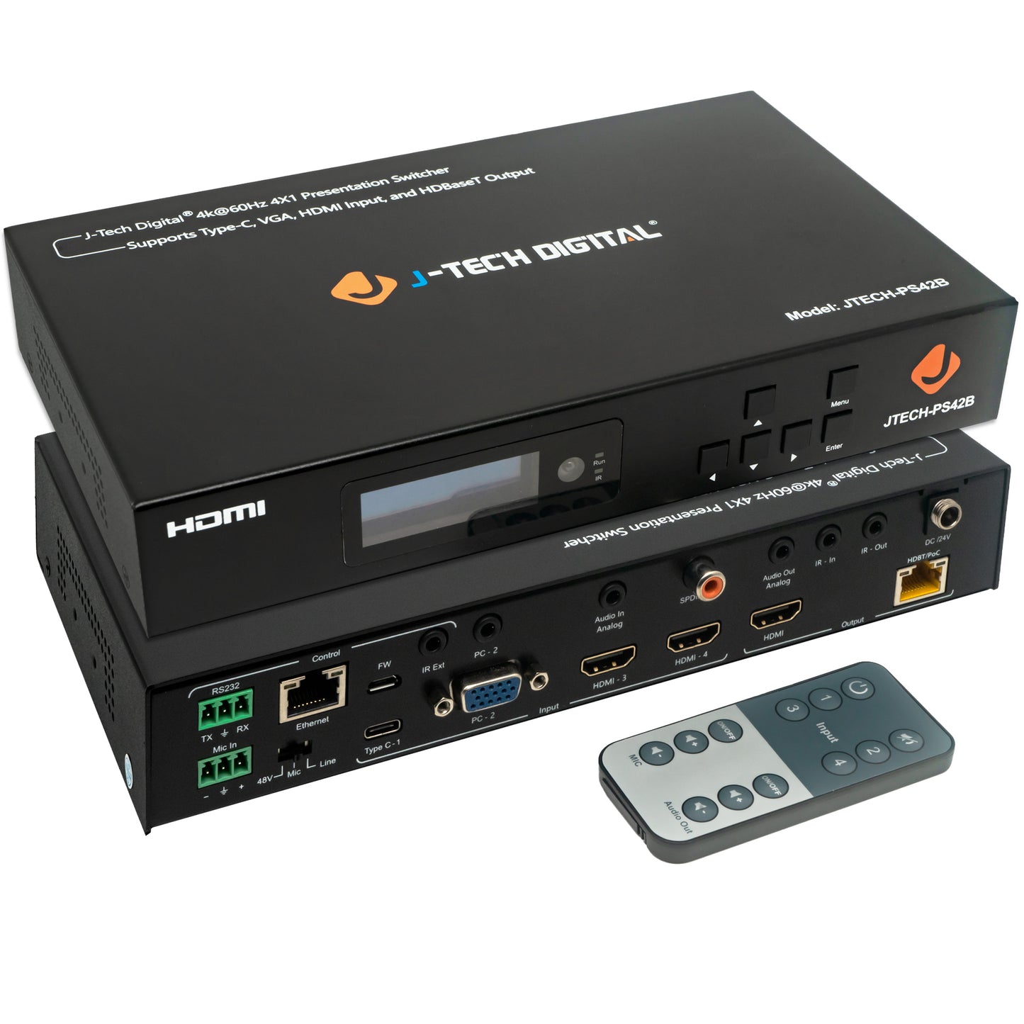 4x1 Presentation Switch - HDMI VGA USB-C w/ HDBaseT and HDMI Outputs