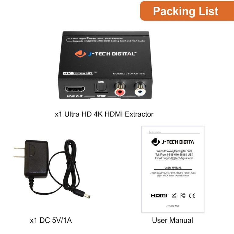 HDMI-ARC HDMI 1.4 Audio Extractor Converter De-embedder SPDIF + RCA Output | 4K@30Hz